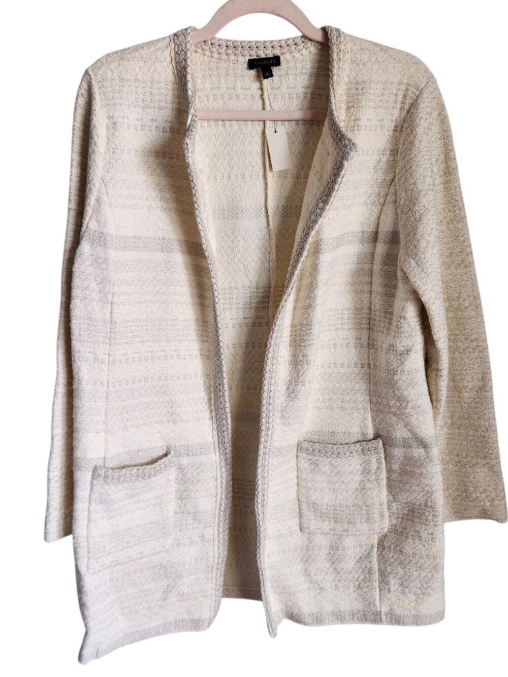 Talbots Cardigan Large Beige Cream Women's Pockets Open Blazer Longline Metallic